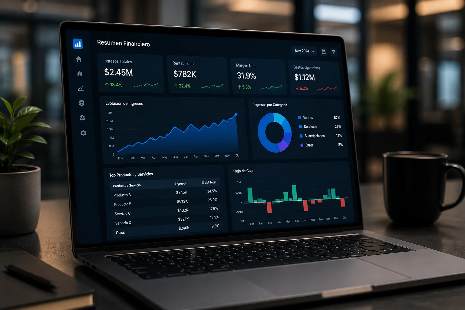 Dashboard Financiero Dashboard financiero ejecutivo con indicadores de ingresos, gastos y rentabilidad para reporting empresarial